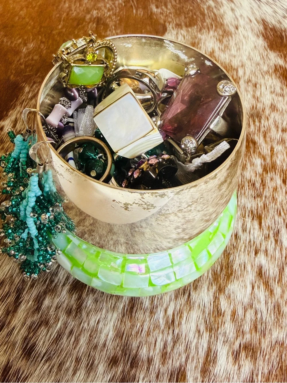 Vintage Silver-Tone Bowl with Turquoise Beaded Earrings and Green Accents